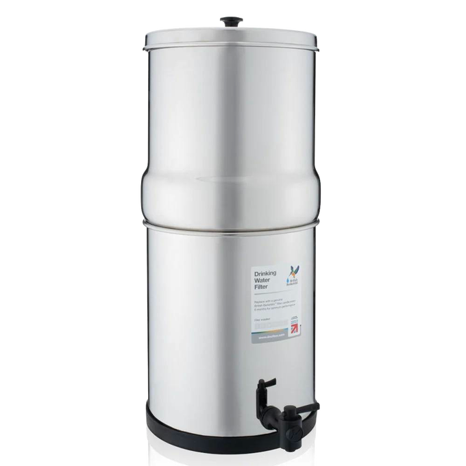 Stainless steel gravity water filter with two ceramic filter elements and spigot, designed for reliable clean drinking water in camping, emergency supplies, and home use.