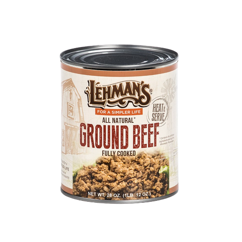 Handcrafted can of Lehman's all natural fully cooked ground beef with rustic packaging, ideal for quick meals in Kitchen & Food, Food, Meats, Best Sellers, and Promo Eligible collections.