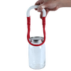 Hand holding a one-handed jar lifter with a red and white rounded handle gripping a glass canning jar, designed for safe lifting in kitchen, canning, and food preservation tasks.