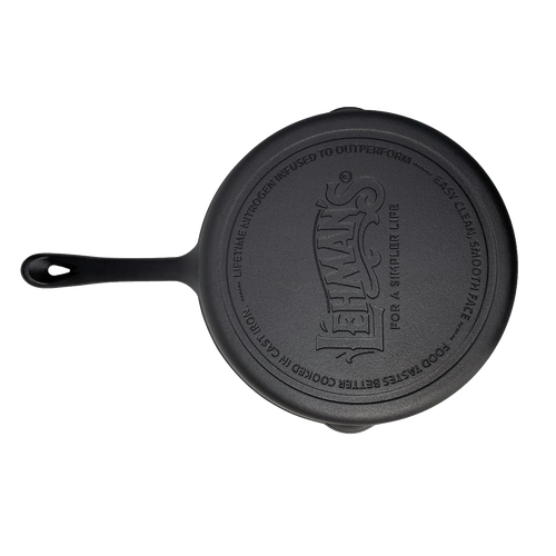 Handcrafted nitrogen-infused cast iron skillet with smooth cooking surface and engraved logo, designed for durability and less sticking, featured in Kitchen & Food, Cookware, Cast Iron, Best Sellers, Promo Eligible, and Sale collections.