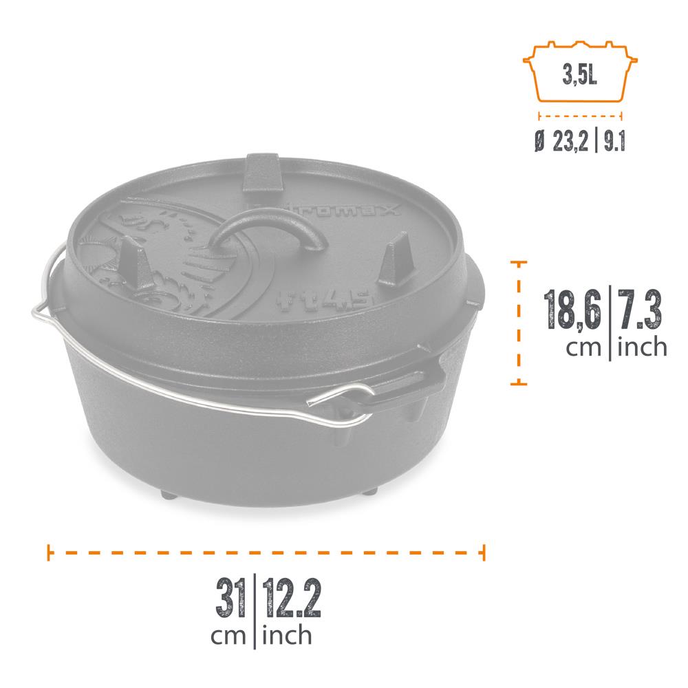 Heavy-duty cast iron Dutch oven with three legs and a removable lid featuring embossed details and a sturdy bail handle, ideal for Kitchen & Food, Cookware, Cast Iron, Best Sellers, and Promo Eligible collections.