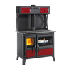 Handcrafted traditional wood cook stove with cast iron fire door, decorative red enamel panels, and optional food warming compartment, ideal for Stoves, Cookstoves, Best Sellers, and All Stoves & Appliances collections.