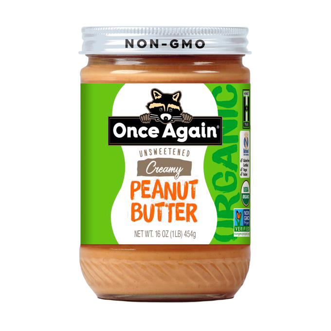 Glass jar of handcrafted creamy unsweetened non-GMO peanut butter made in USA, ideal for Kitchen & Food, Peanut Butter & Jellies, Gluten Free, Best Sellers, and Promo Eligible collections