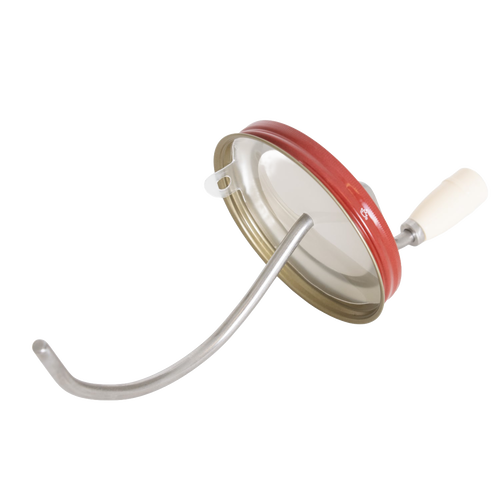 Handcrafted old fashioned peanut butter stirrer with molded cream-colored plastic handle and red lid, designed to mix separated oil, made in USA for Kitchen & Food, Food Prep, and Best Sellers.