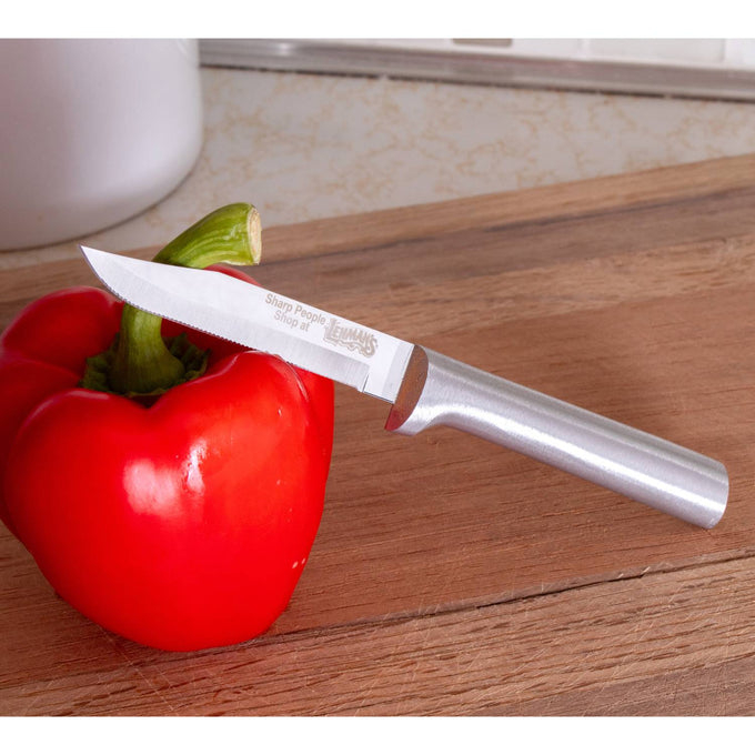 Regular paring knife with a finely serrated stainless steel blade and solid aluminum handle piercing a red bell pepper on a wooden surface, handcrafted in USA, ideal for Kitchen Knives, Food Prep, and Farm, Garden & Tool collections.
