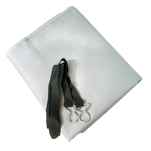 Folded gray textured outdoor air conditioner cover paired with a black elastic strap featuring metal clasps, designed for secure fit in Home & Decor, Household Helpers, and Best Sellers collections.