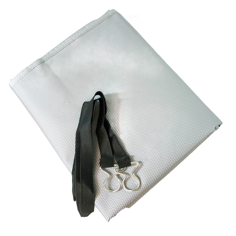 Folded gray textured outdoor air conditioner cover paired with a black elastic strap featuring metal clasps, designed for secure fit in Home & Decor, Household Helpers, and Best Sellers collections.