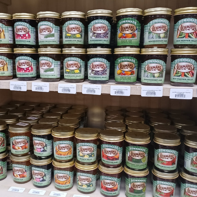 Assortment of handcrafted Amish-made Lehman's fruit jams and jellies in glass jars with all-natural ingredients, perfect for Kitchen & Food, Pantry, Peanut Butter & Jellies, USA Made, and Best Sellers collections.