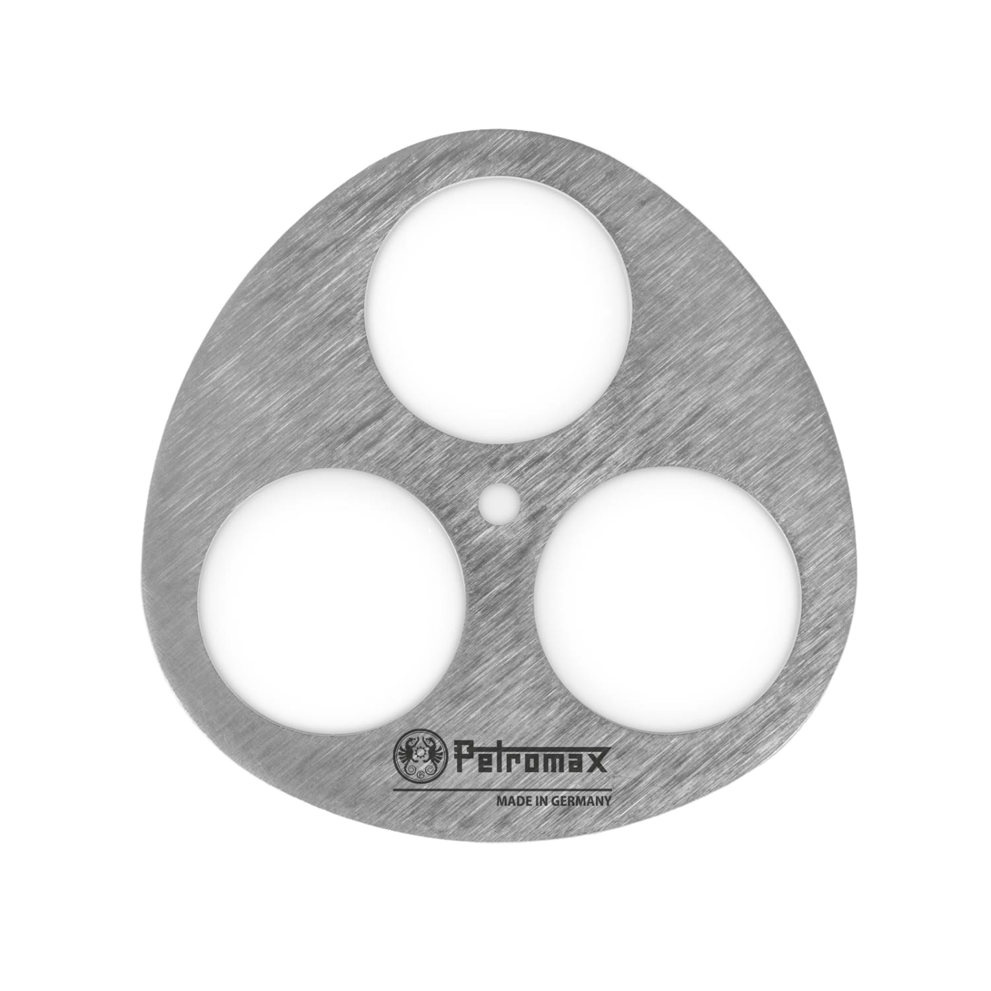 Lightweight stainless steel disc with three circular openings and engraved logo, designed as a key component for building branch tripods, ideal for Farm, Garden & Tool and Camping collections.
