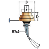 Close-up illustration of an oil lantern burner replacement with labeled dimensions for wick size and fitting, designed for lamps and camping use in emergency and outdoor settings.