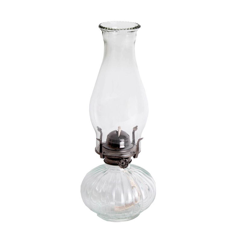 Clear glass oil lamp with a rounded base and tall chimney, designed for everyday or emergency lighting, featured in Farm, Garden & Tool and Oil Lamps collections.