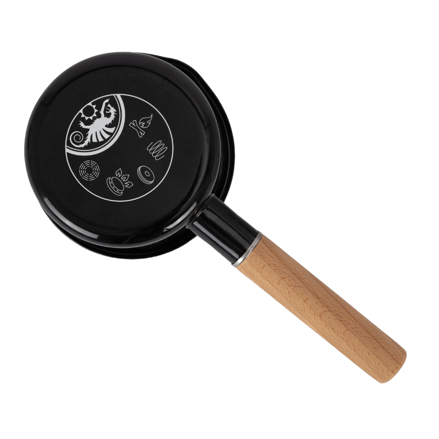 Black enamel pan with a smooth wooden handle and decorative etchings on the base, designed for durable outdoor cooking in Camping, Kitchen & Food, Cookware, Farm, Garden & Tool, and Best Sellers collections.