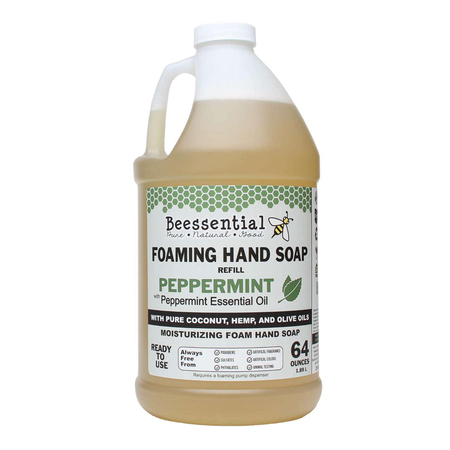 Handcrafted 64-ounce foaming hand soap refill infused with peppermint essential oil and made with pure coconut, hemp, and olive oils, featured in Health & Wellness, Grooming and Personal Hygiene, Soaps, USA Made, Best Sellers, and Promo Eligible collections.
