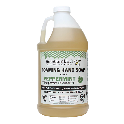 Handcrafted 64-ounce foaming hand soap refill infused with peppermint essential oil and made with pure coconut, hemp, and olive oils, featured in Health & Wellness, Grooming and Personal Hygiene, Soaps, USA Made, Best Sellers, and Promo Eligible collections.