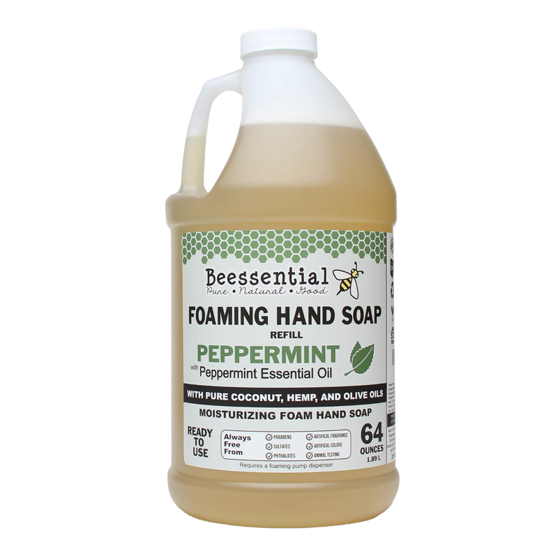 Handcrafted 64-ounce foaming hand soap refill infused with peppermint essential oil and made with pure coconut, hemp, and olive oils, featured in Health & Wellness, Grooming and Personal Hygiene, Soaps, USA Made, Best Sellers, and Promo Eligible collections.