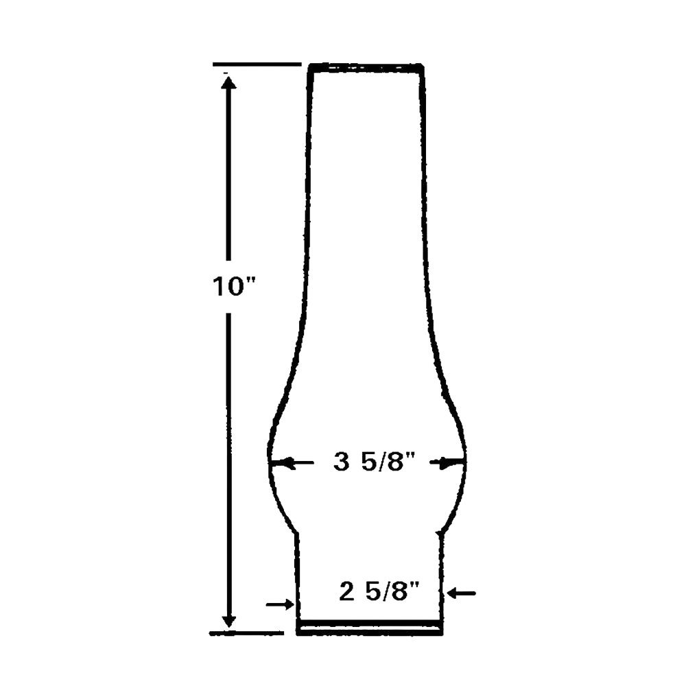 Handcrafted clear glass oil lamp chimney with a 2-5/8 inch base, a bulged midsection measuring about 3-5/8 inches, and 10 inches tall, featured in Lamps & Lighting, Parts and Accessories, Chimneys and Globes, Best Sellers, and Promo Eligible collections.