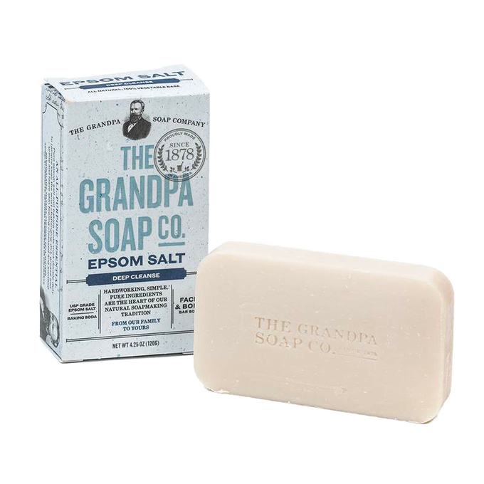 Handcrafted bar soap featuring Epsom salt and baking soda for deep cleansing, with simple natural ingredients; part of Health & Wellness, Soaps, Grooming, USA Made, and Best Sellers collections.