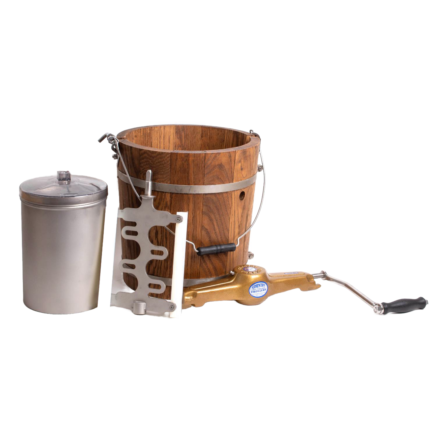Handcrafted Amish made wooden ice cream freezer bucket with metal bands, stainless steel inner canister, and brass crank handle, ideal for Kitchen & Food, Specialty Equipment, Making Ice Cream, USA Made, and Best Sellers collections.