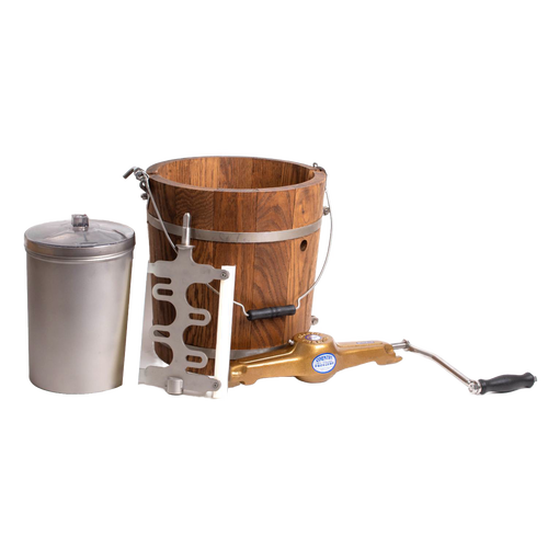 Handcrafted Amish made wooden ice cream freezer bucket with metal bands, stainless steel inner canister, and brass crank handle, ideal for Kitchen & Food, Specialty Equipment, Making Ice Cream, USA Made, and Best Sellers collections.