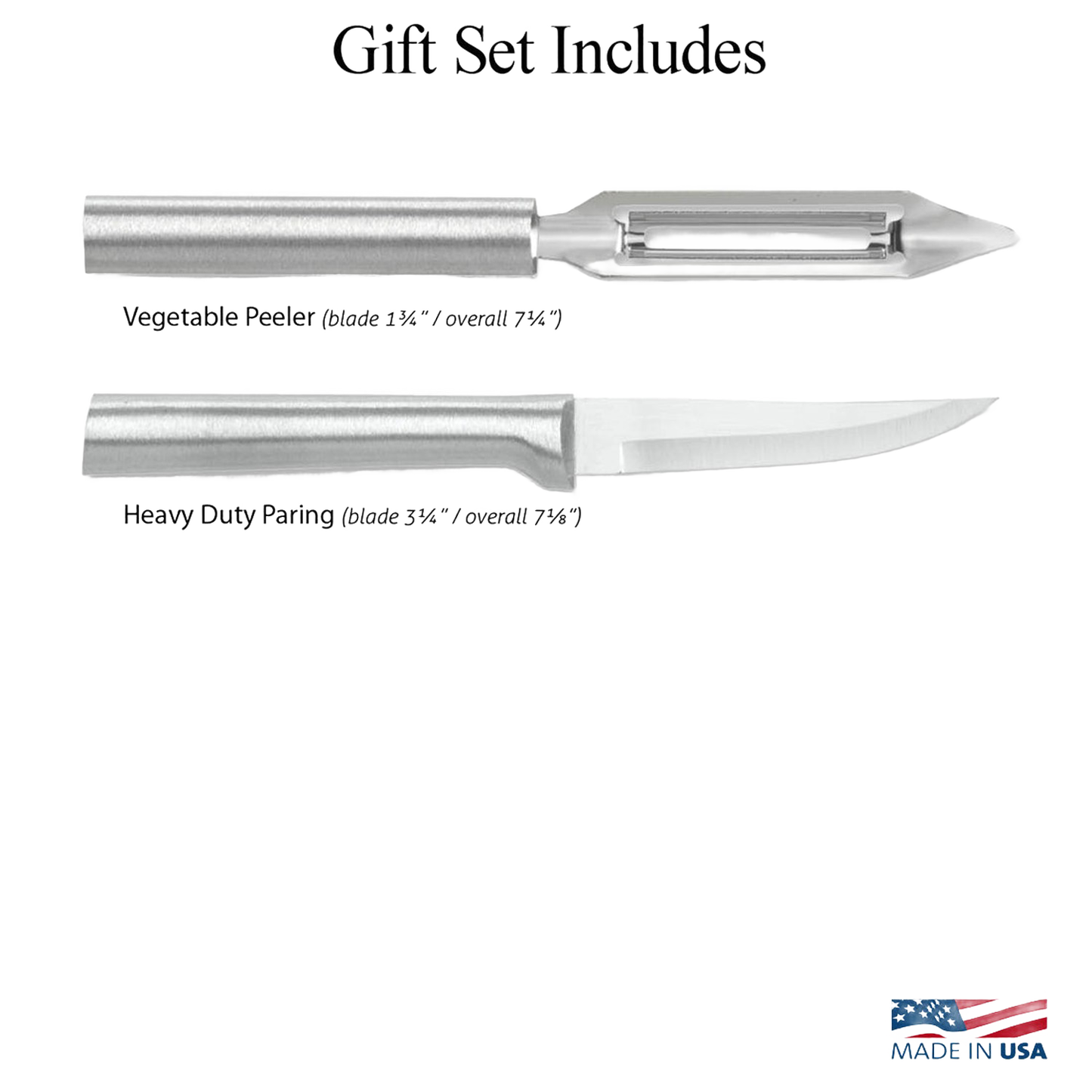 Set of two stainless steel kitchen tools including a sharp paring knife and a vegetable peeler with ergonomic handles, made in USA, ideal for food prep and kitchen tasks.