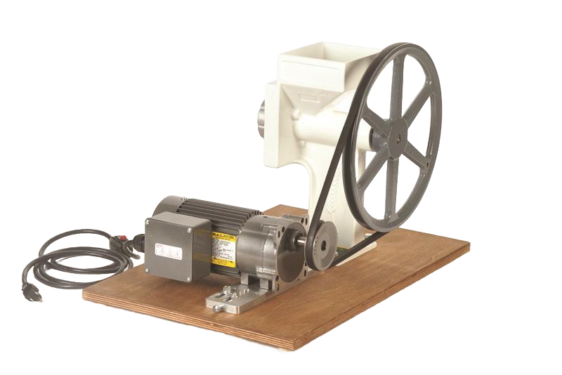 Handcrafted motorization kit with gear-reduced motor, pulley, belt, and mounting board for grain mills, made in USA, ideal for Kitchen & Food and Bread Making Supplies collections.
