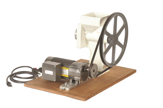 Handcrafted motorization kit with gear-reduced motor, pulley, belt, and mounting board for grain mills, made in USA, ideal for Kitchen & Food and Bread Making Supplies collections.