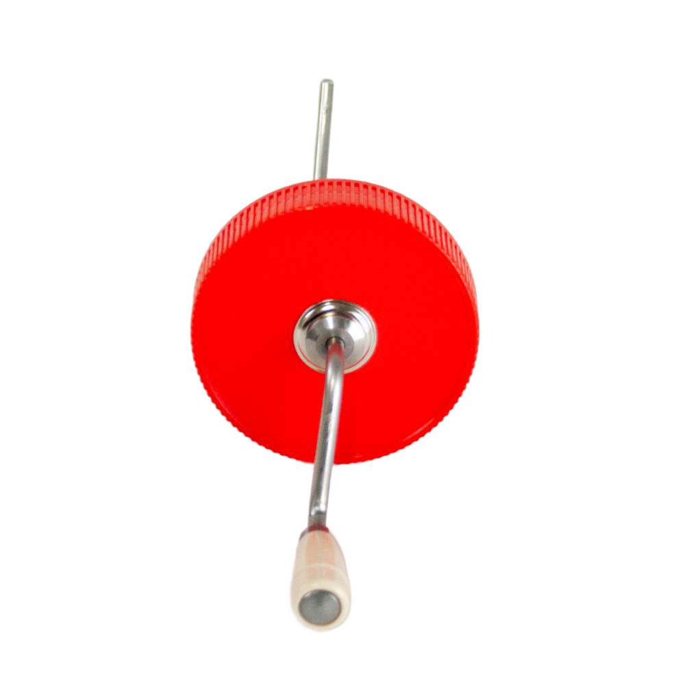 Vintage-style peanut butter stirrer with molded plastic knob and metal crank attached to a red lid, handcrafted in USA, perfect for Kitchen & Food, Food Prep, and USA Made collections.