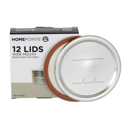 Box containing 12 wide-mouth canning lids with BPA-free sealing compound, featuring date marking lines, ideal for Kitchen & Food, Food Preservation, Canning, and Best Sellers collections.