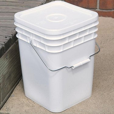 Stack of three white plastic buckets with lids and metal handles, suitable for storing homemade laundry soap ingredients, crafted for homesteading and laundry supplies in USA-made quality.
