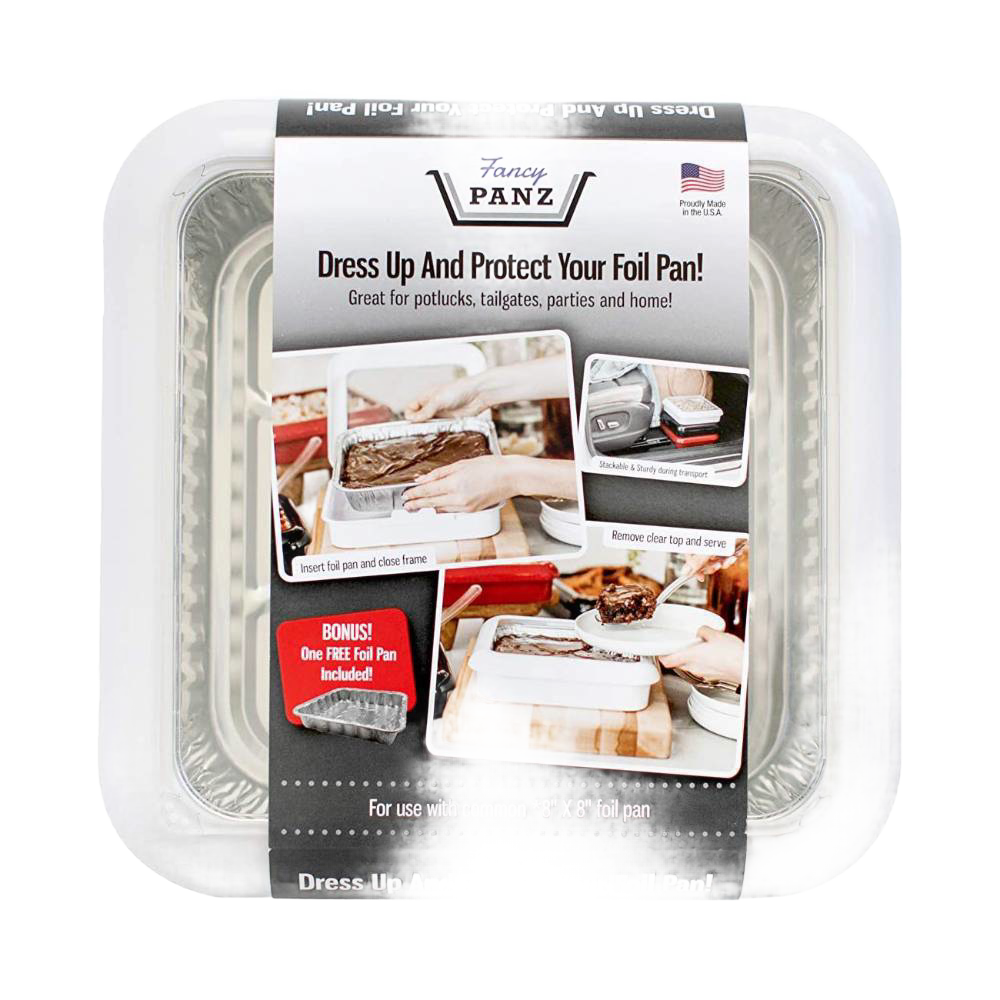 Clear travel cover for 8x8 foil pans with removable window, designed to protect and serve food easily, part of Kitchen & Food, Kitchen Gadgets, USA Made, and Best Sellers collections.