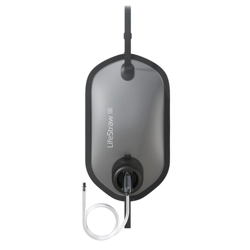 Top-down view of a gray high-capacity outdoor water filtration bag with attached clear tubing and black spout, designed for camping, emergency supplies, and water treatment uses in Farm, Garden & Tool and Appliances collections.