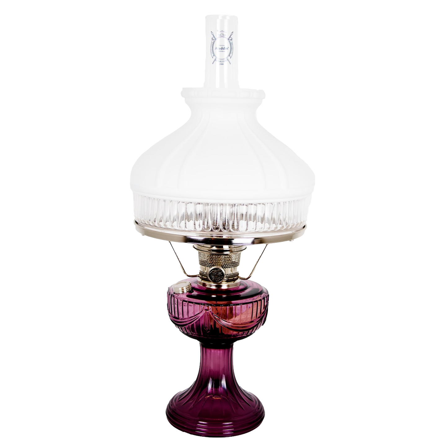 Handcrafted oil lamp with amethyst glass base, polished brass burner, and frosted white glass top shade, bright enough for reading, ideal for Farm, Garden & Tool, Emergency Supplies, and Best Sellers collections.