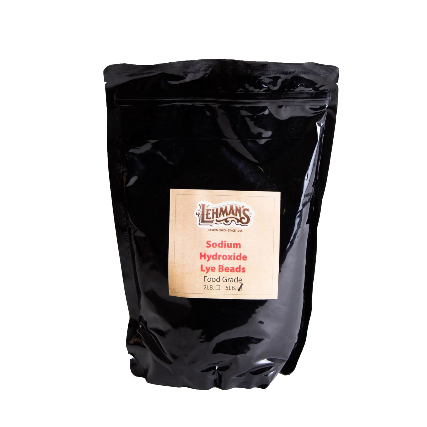 Resealable black pouch of food-grade sodium hydroxide lye beads with Lehman’s label, made in USA and featured in Health & Wellness, Soaps and Soapmaking, and Soapmaking Supplies collections.