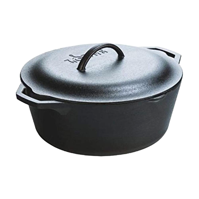 Handcrafted black cast iron Dutch oven with embossed lid and curved handle, made in USA for durability and excellent heat retention; ideal for Kitchen & Food, Cookware, Cast Iron, Best Sellers, Promo Eligible collections.