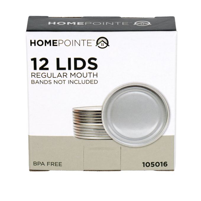Box containing twelve silver-toned regular-mouth canning jar lids with BPA-free sealing compound, perfect for Kitchen & Food, Food Preservation, and Canning collections.