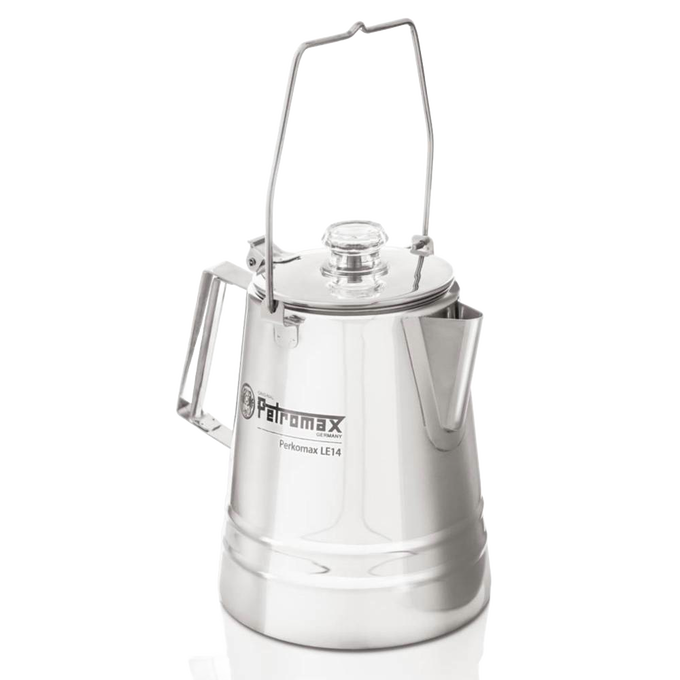 Stainless steel camping percolator with a clear glass lid, sturdy handle, and wire bail, designed for brewing coffee and tea, featured in Kitchen & Food, Camping, and Best Sellers collections.