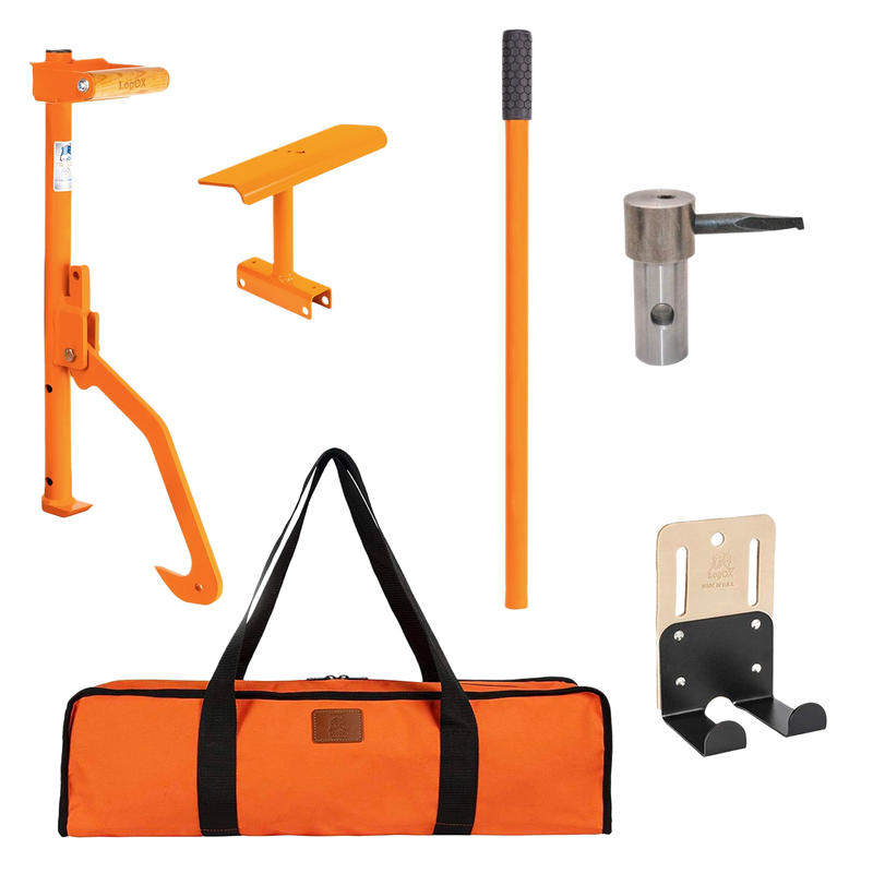 Set of handcrafted, made in USA orange steel wood hauling and splitting tools with carrying bag, including a multitool, log pickaroon, hauler holster, and handle, for Farm, Garden & Tool and Wood Cutting collections.