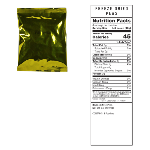 Reflective gold foil pouch package of freeze-dried peas with a nutrition facts label displayed beside it, ideal for Farm, Garden & Tool, Kitchen & Food, Emergency Supplies, and Freeze Dried collections.