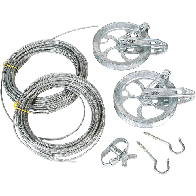 Complete clothesline kit featuring rustproof zinc pulleys, plastic-coated stranded wire cable, and metal hooks designed for durability in Home & Decor, Laundry Supplies, and Best Sellers collections.