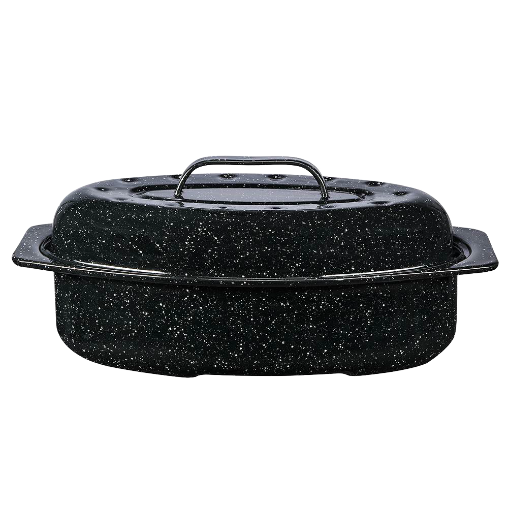 Oval graniteware roaster with speckled black enamel-on-steel finish, featuring a domed lid with self-basting dimples, handcrafted for Kitchen & Food, Cookware, and Best Sellers collections.