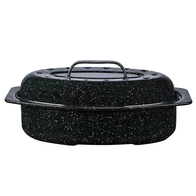 Oval graniteware roaster with speckled black enamel-on-steel finish, featuring a domed lid with self-basting dimples, handcrafted for Kitchen & Food, Cookware, and Best Sellers collections.