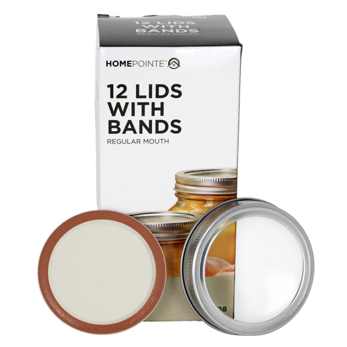Box of 12 regular-mouth canning jar lids and metal bands with BPA-free sealing compound displayed alongside a sealed jar of preserved fruit, ideal for Kitchen & Food and Food Preservation collections.