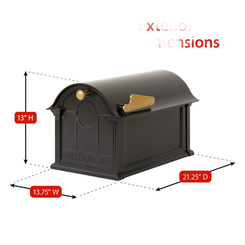 Handcrafted black and gold mailbox measuring 13 by 13.75 by 21.25 inches, designed to enhance curb appeal, made in USA for Home & Decor and Mailboxes collections.
