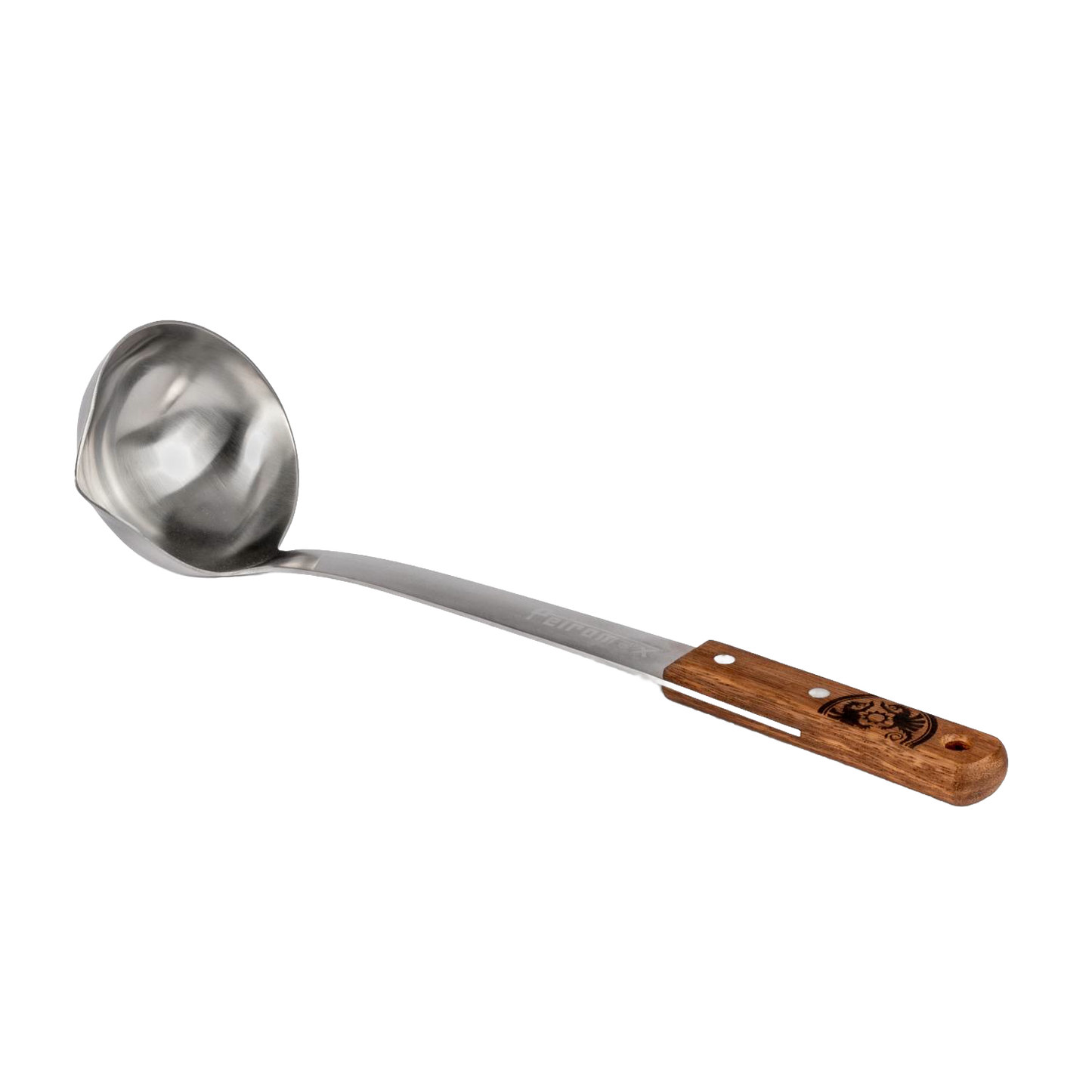 Large stainless steel soup ladle with a wooden handle engraved with a logo, designed for easy serving in camping, kitchen, and farm settings, part of popular cookware collections.