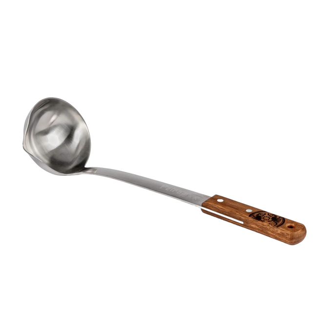 Large stainless steel soup ladle with a wooden handle engraved with a logo, designed for easy serving in camping, kitchen, and farm settings, part of popular cookware collections.
