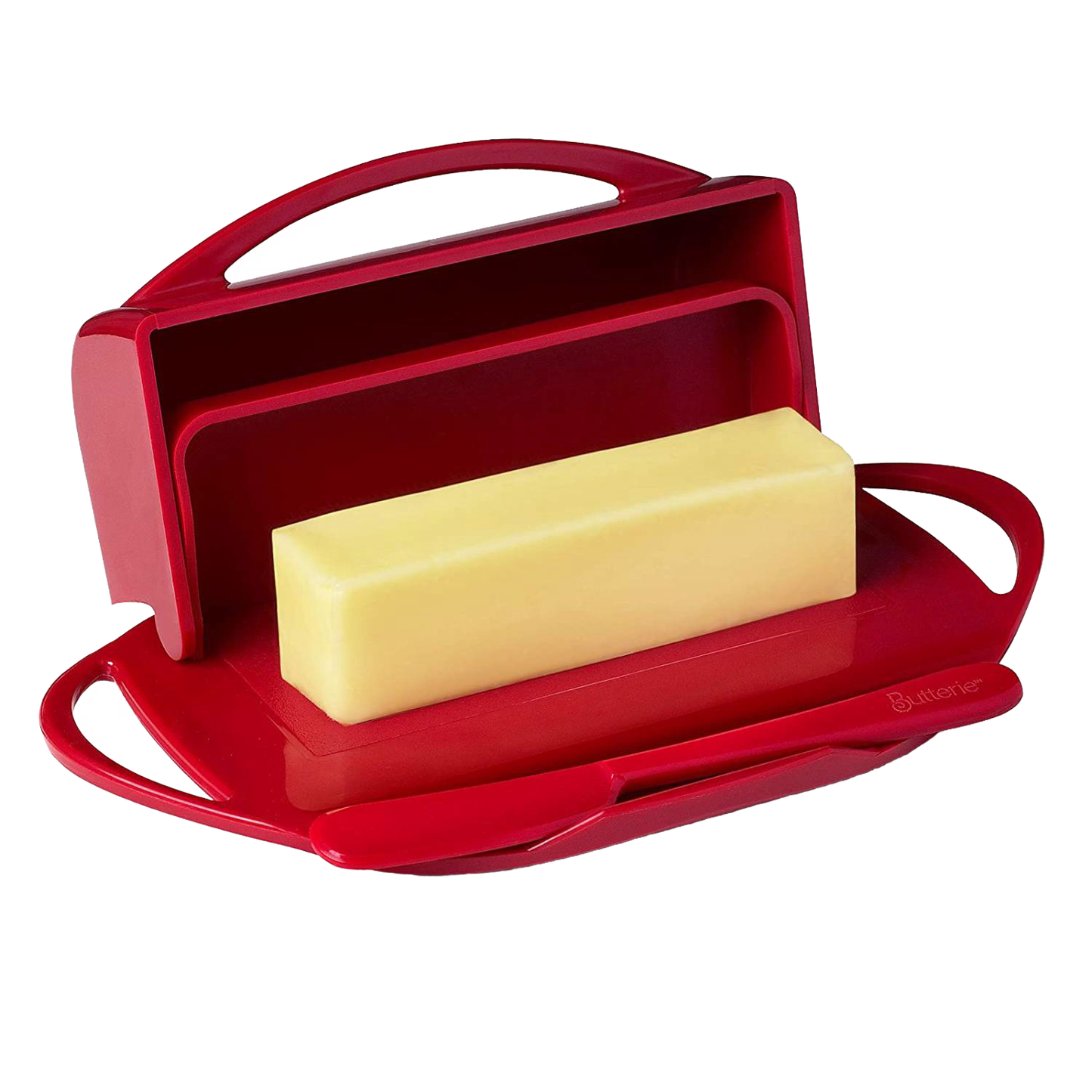 Red flip-top butter dish with matching spreader resting in a specially designed cradle, offering easy, mess-free butter storage and spreading for Kitchen & Food and Kitchen Gadgets collections.