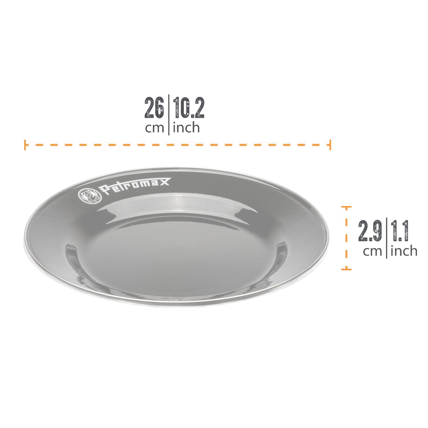 Gray enamel plate with Petromax logo, lightweight and durable, heat-resistant fired surface, perfect for Farm, Garden & Tool, Kitchen & Food, Camping, Dinnerware, Best Sellers, and Promo Eligible collections.