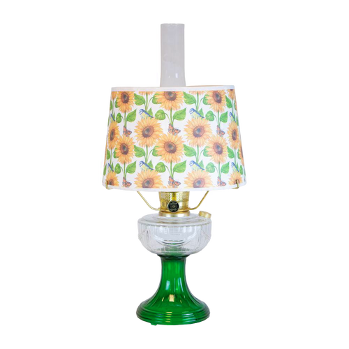 Handcrafted oil lamp with a clear chimney, featuring an Ohio-made emerald glass base and a bright sunflower-patterned shatterproof parchment shade, perfect for Farm, Garden & Tool, Lamps & Lighting, and Emergency Supplies collections.