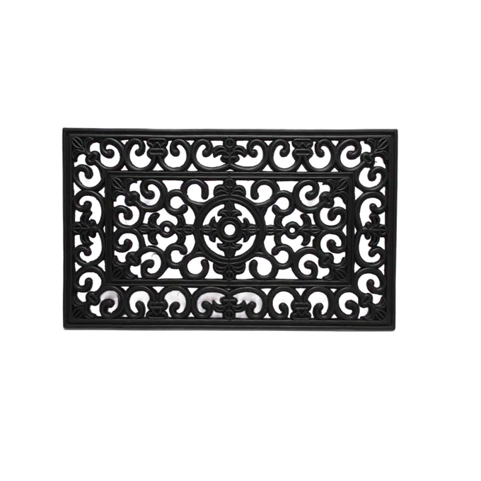 Durable black rubber floor mat with an ornate filigree pattern designed to trap dirt and debris, handcrafted for use in Home & Decor, Home Textiles, Household Helpers, and Best Sellers collections.