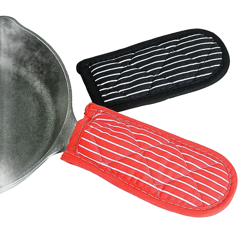 Set of two padded hot handle pads in red and black with white stripes, designed to protect hands from heat up to 350°F, ideal for cast iron cookware in Kitchen & Food, Cookware, Cast Iron, and Best Sellers collections.